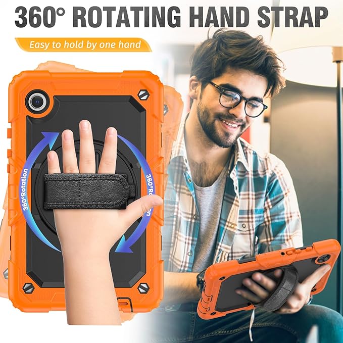 HXCASEAC Case for Samsung Galaxy Tab A7 Lite, Protective with Screen Protector/Hand Strap/Pen Holder, Sturdy A7 Lite Tablet Case, SM-T220 SM-T225 SM-T227, Orange