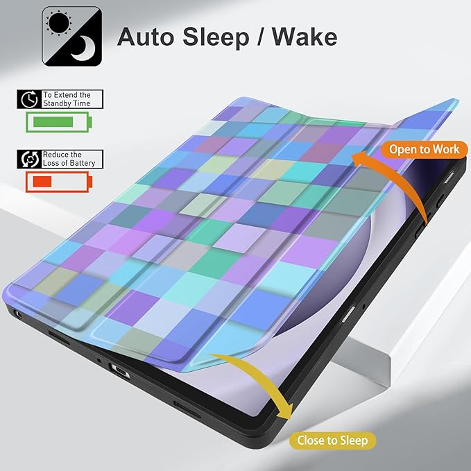 MEEgoodo Case for Samsung Galaxy Tab A9 Plus 11 inch Cover 2024 2023 with S Pen Holder, A9+ Smart Tablet Cases with Leather Trifold Stand+Soft TPU Back Shell+Smart Auto Wake/Sleep, Light Blue Mosaic