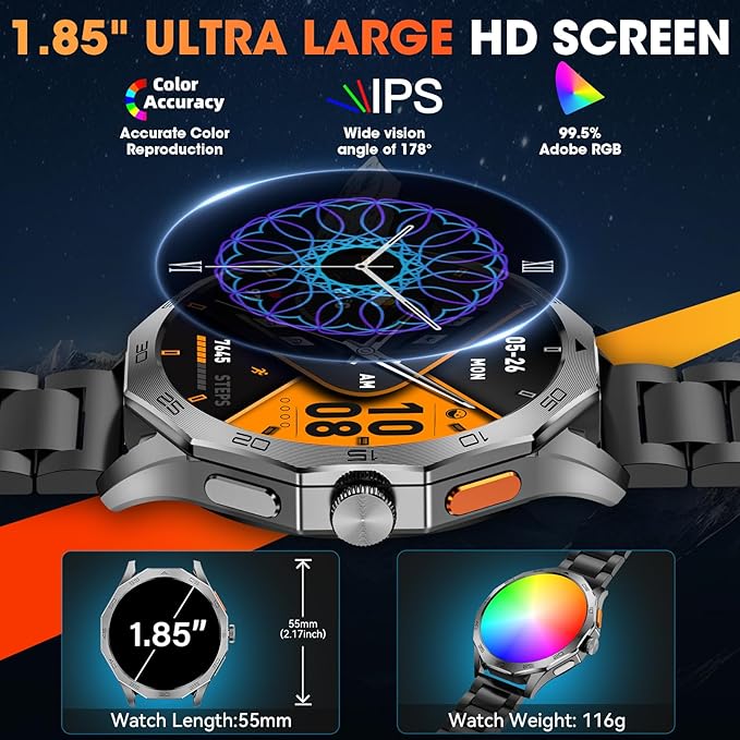 Military Smart Watch for Men 1.85" HD Ultra Screen Touch Screen 710mAh Battery Smart Watches for Android iOS （Bluetooth Call Answer/Dial Calls） Fitness Tracker with 100+ Sports