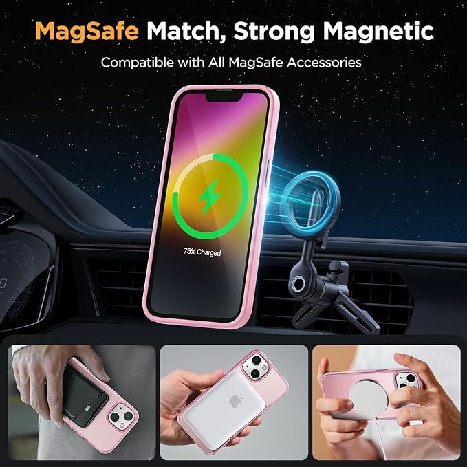 Miracase for iPhone 14 Case [MagSafe Compatible] [2× 9H Tempered Glass] 12FT Military-Grade Drop Protection, Slim Translucent Matte, Anti-Fingerprint, Shockproof with Metal Buttons, Mes-Pink