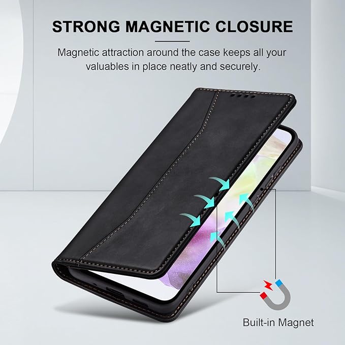 Jasonyu Flip Wallet Case for Samsung Galaxy A35,Leather Magnetic Folio Cover with Card Holder,Kickstand - TPU Shockproof Durable Protective Phone Case,Black