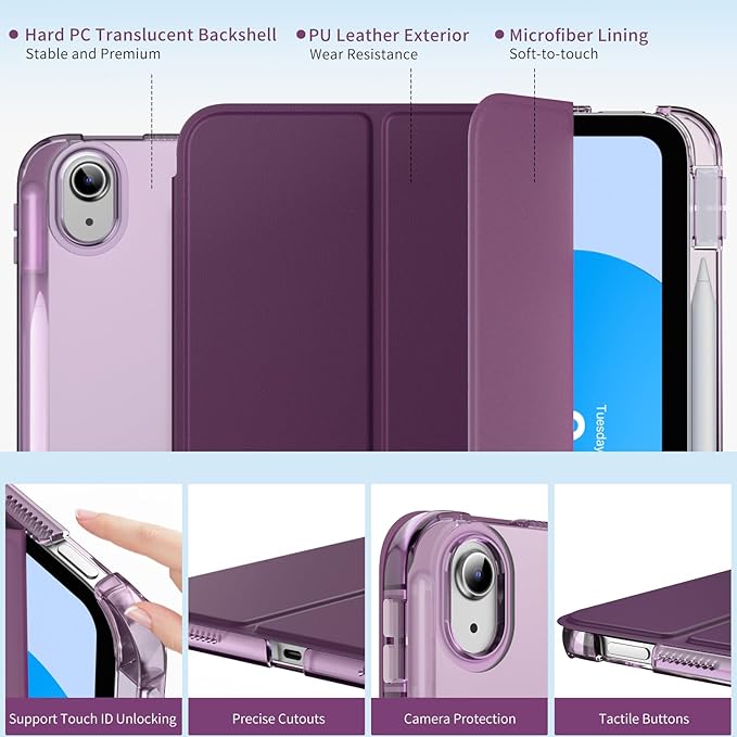 MoKo for iPad (A16) 11th Generation Case 11 Inch 2025, iPad 10th Generation Case 10.9 Inch 2022 with Pencil Holder, Slim Light Trifold Protective Cover with Hard PC Translucent Back Shell, Dark Purple