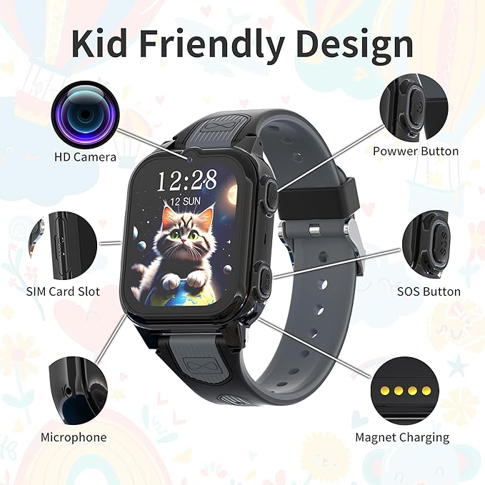 4G Kids Smart Watch Boys with GPS Tracker Video & Voice Calling Text, GPS Watch for Kids Age 5-12, SOS Call Chat Camera Pedometer Alarm Calculator Games Boys Gifts(Black)