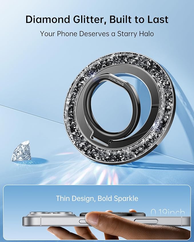 SYNCWIRE Magnetic Phone Ring Holder for MagSafe - Glitter Phone Grip Stand with 360° Rotation & Reinforced Hinge, Compatible with iPhone 16 15 14 13 Pro Max Plus MagSafe Accessories - Glitter Black