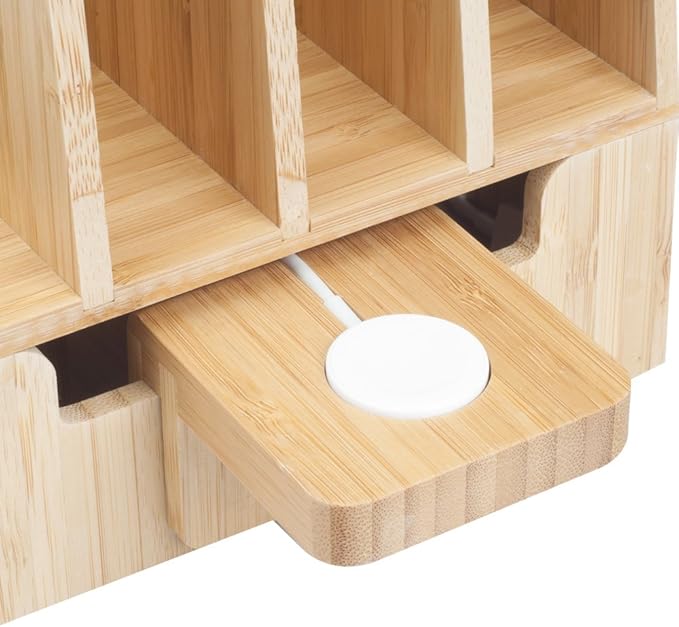 MobileVision Slim Bamboo Charging Station & Compatible Adapter for Apple Watch Multi Device Organizer, Smartphones, Tablets, Laptops & More