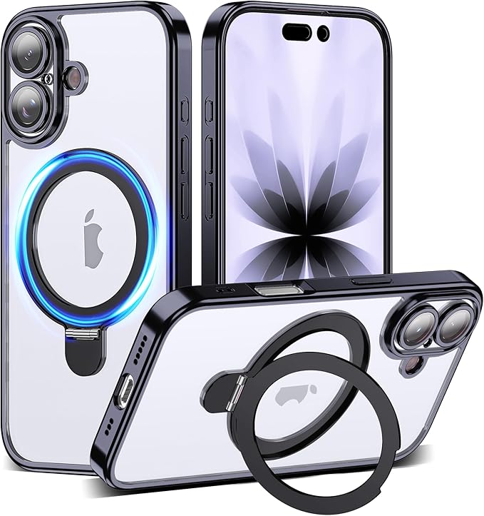 Compatible with Clear iPhone 17 Case with Magnetic Stand [Compatible with Mag-Safe][Full Camera Len Protectors] Shockproof Plating Phone Case for iPhone 17 6.3’’,Black