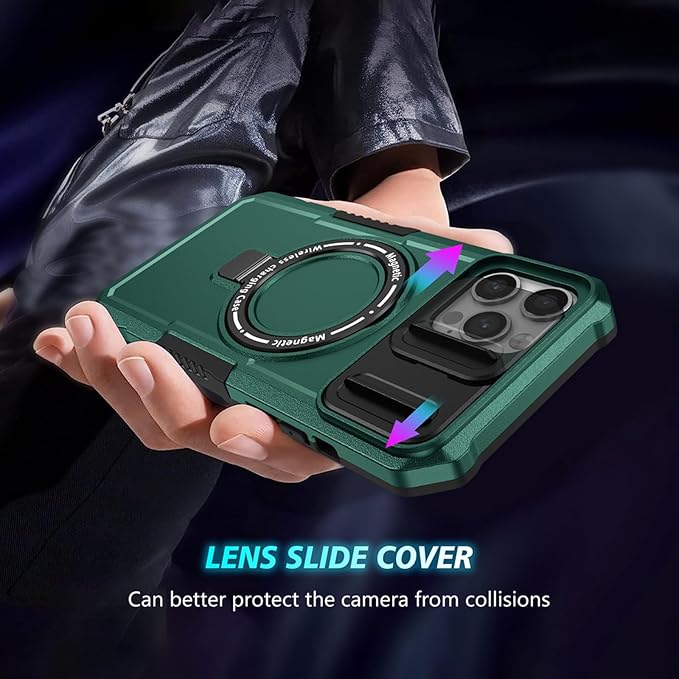 for iPhone 12 Pro Max Case Magnetic Compatible with MagSafe Wireless Charging,Built-in Kickstand,with Camera Cover,with 2 Screen Protectors,Anti-Scratch Shockproof Heavy Duty Protection Green