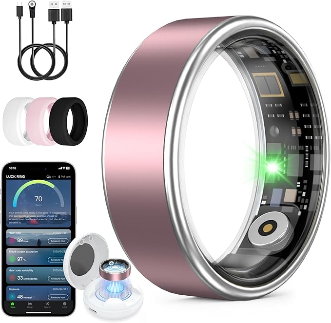 UniJethrou Smart Ring for Women Men, Health Fitness Tracker, IP68 Waterproof, Long Lasting Batteries Sleep Ring with Charging Case and Protector, Remote Photography, No App Fees (Pink, 7#)