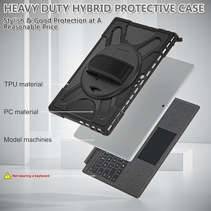 Junfire Protective Case for Microsoft Surface Pro 7 Plus, Surface Pro 7/6/5/4 Shockproof Rugged Case with 360°Rotating Kickstand/Hand Strap/Stylus Holder, Compatible with Type Cover Keyboard,Black