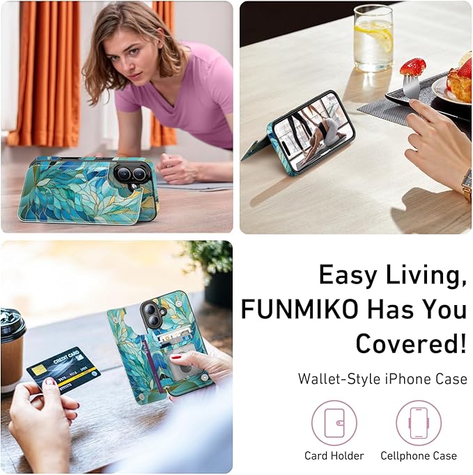 FUNMIKO for iPhone 16 Plus Wallet Case with Card Holder, RFID-Blocking, Military-Grade Protection & UV-Printed Artwork, Magnetic Closure with Leather Kickstand - Sleek Cyan Leaf