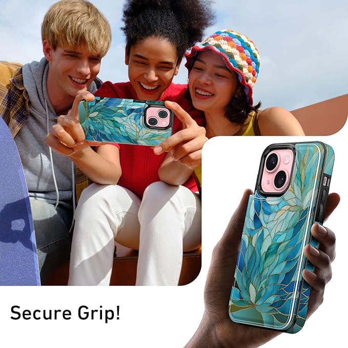 FUNMIKO for iPhone 13 Mini Wallet Case with Card Holder, RFID-Blocking, Military-Grade Protection & UV-Printed Artwork, Magnetic Closure with Leather Kickstand - Sleek Cyan Leaf