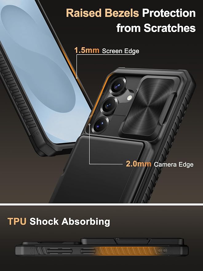 Vihibii for Samsung Galaxy S25 Case with Card Holder (4 Cards), [RFID Blocking] & Slide Camera Cover & Military Grade Drop Protection, Silicone Edge Wallet Case for Samsung Galaxy S25 6.2" 2025, Black