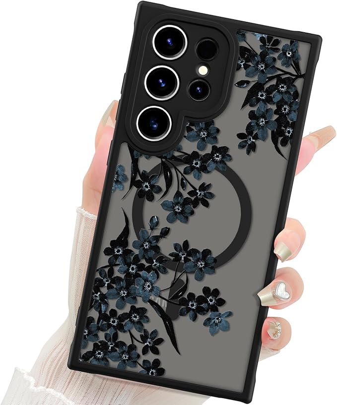 Fiyart Designed for Samsung Galaxy S24 Ultra Case Matte Flowers Design Compatible with MagSafe Wireless Charging,Cute Floral Anti-Scratch Translucent Phone Cover for Women Girls 6.8"-Black