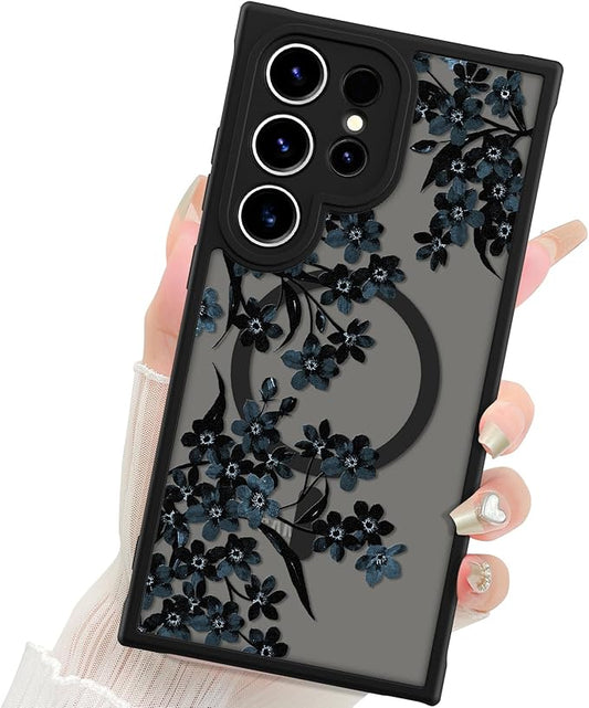 Fiyart Designed for Samsung Galaxy S24 Ultra Case Matte Flowers Design Compatible with MagSafe Wireless Charging,Cute Floral Anti-Scratch Translucent Phone Cover for Women Girls 6.8"-Black