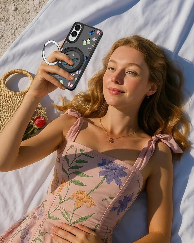 for Samsung Galaxy S25 Edge Case with 360° Rotatable Magnetic Ring - Compatible with MagSafe, Semi-Transparent Soft-Touch Material Shockproof, Cute Butterfly Design for Women Girl