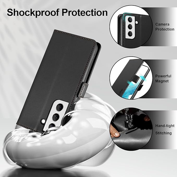 Wallet Flip Case for Samsung Galaxy S22 5G - [RFID Blocking] Luxury PU Leather Card Holder Magnetic Phone Cover with Kickstand,Shockproof Protective Case,Black