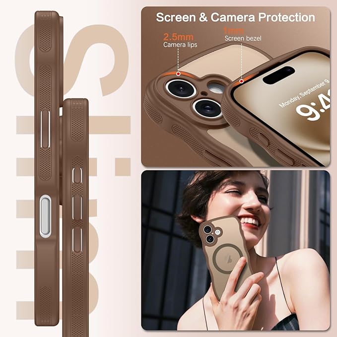 BENTOBEN for iPhone 16 Case Cute, Curly Wave iPhone16 Phone Case [Compatible with MagSafe], [Full Camera Protection] Slim Shockproof Translucent Matte 16 Magnetic Cover for Women Boys, Desert Titanium