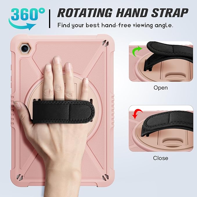 ZtotopCases for Samsung Galaxy Tab A9+ / A9 Plus 11'' 2023 (SM-X210/X216/X218), Shockproof Hard Duty Case with Screen Protector+360 Rotating Hand Strap&Stand+Shoulder Strap for Tab A9+ Tablet, Pink
