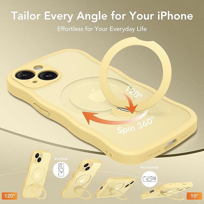 for iPhone 15 Plus Case for Women,[Compatible with Magsafe][360° Spin Magnetic Stand][Cute Wave Edge][Military-Grade Protection]Translucent Matte Phone Case for iPhone 15 Plus, Jasmine Yellow