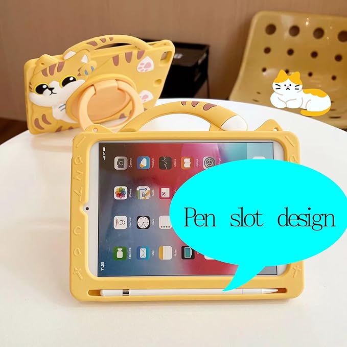 3D Cute Vivid Cat Case for Samsung Galaxy Tab A9 8.7 inch 2023 SM-X110/X115/X117,Kawaii Cartoon Character Pretty Cat Soft Silicone Rotating Stand Case with Lanyard for Kids Teens Girls Women