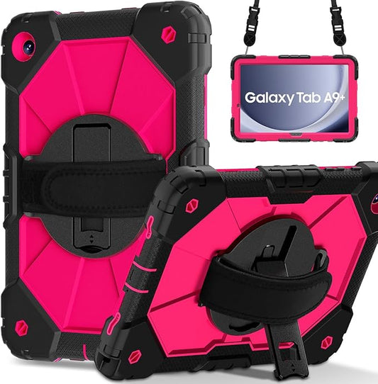 Case for Samsung Galaxy Tab A9+ 11 Inch 2023 (X210/X216/X218), Heavy Duty Shockproof Rugged 360 Rotating Hand Strap Protective Case for Galaxy Tab A9 Plus Tablet, Black/Rose Red