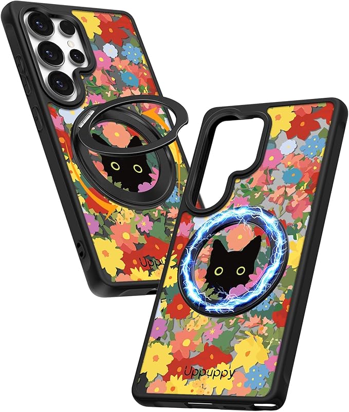 for Samsung Galaxy S25 Ultra Case with 360° Rotatable Magnetic Ring - Compatible with MagSafe, Semi-Transparent Soft-Touch Material Shockproof, Cute Black Cat & Flower Design for Women Girl