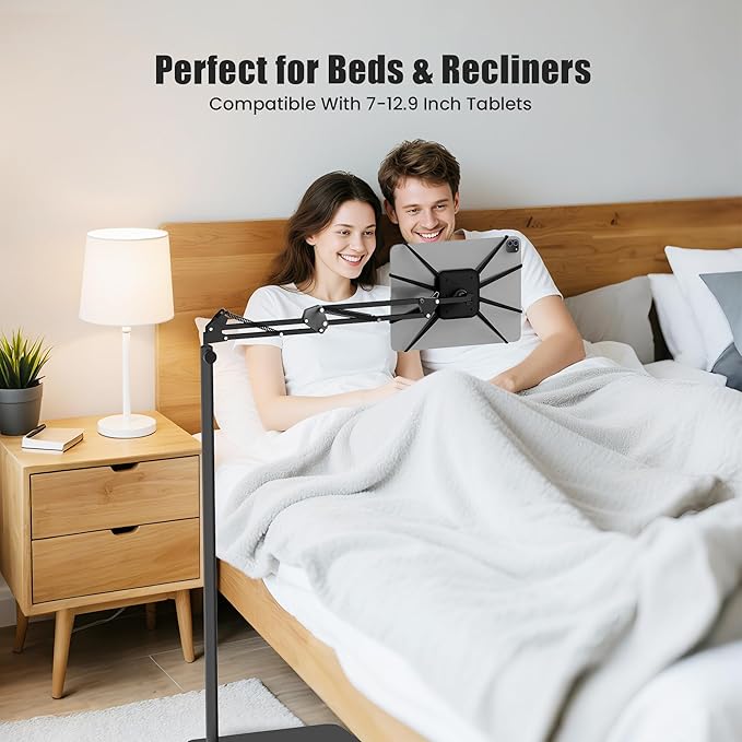 Tablet Floor Stand,Universal Metal Tablet Holder,Overhead Bed Mount Height Angle Adjustable Stand, 360° Rotation Floor Holder for iPad, Kindle, Tab,Phones, E-Readers(7-12.9 Inch)