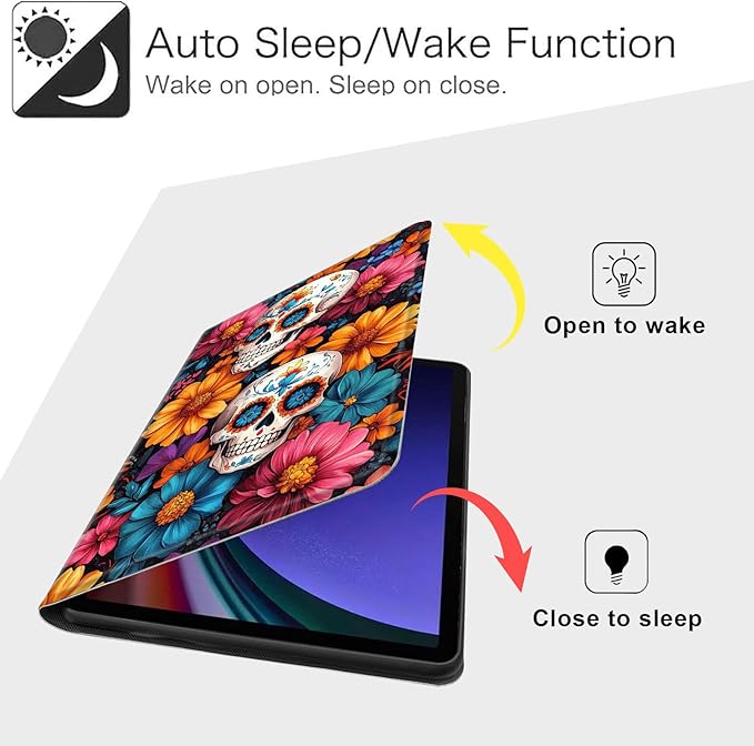 Case for Samsung Galaxy Tab S10 FE/ S9 FE 5G 10.9 Inch/Tab S9 11 Inch, Slim PU Leather Stand Cover with Auto Wake/Sleep, Multi-Angle Viewing & Shockproof, Sugar Skulls