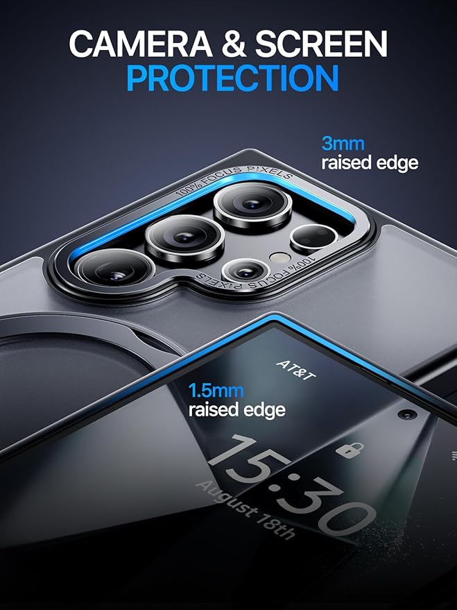 QTlier Phone case for Galaxy S24 Ultra- 360 Rotatable Magnetic Ring Stand, Military-Grade Protection, Raised Camera Frame Black