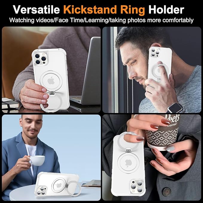 Magnetic Compatible with iPhone 12 Pro Max Case with Stand [Military Grade Drop Tested][Compatible with Magnet] Ring Translucent Slim Hard Back Soft Edge, Frost White