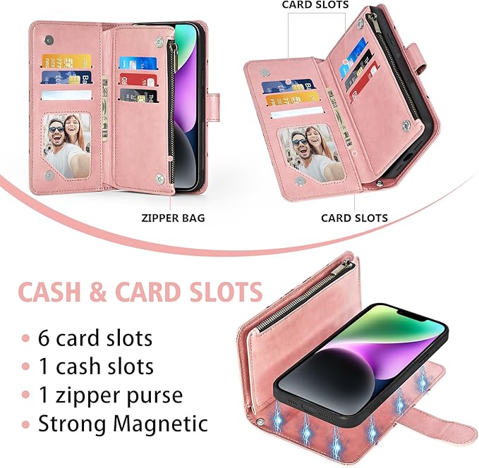 Asuwish Phone Case for iPhone 14 6.1 inch Zipper Wallet Detachable Cell Cover with Tempered Glass Screen Protector Crossbody Strap Flower Card Holder iPhone14 5G i i-Phone i14 14Case Women Rose Gold