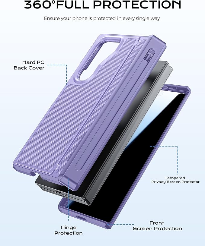 for Samsung Galaxy Z Fold 5 Case with S Pen Holder & Privacy Screen Protector & Kickstand & Hinge Protection, Full Body Cover Hard Non-Slip Shockproof Case for Galaxy Z Fold 5 (Purple)