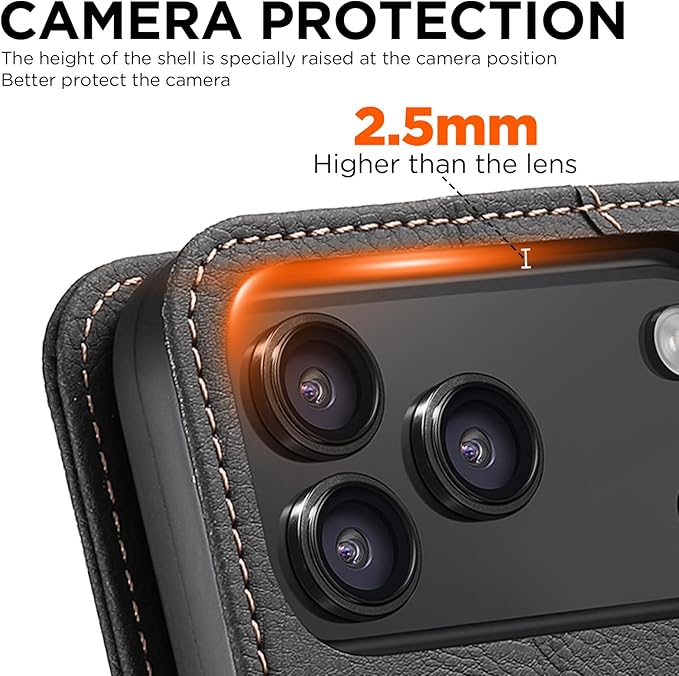 Leather Magnetic Wallet Case for iPhone 17 Pro Max Compatible with MagSafe & Wireless Charging, 3 Card Slots & ID Holder, Kickstand, 360° Military Shockproof Protection Premium Black