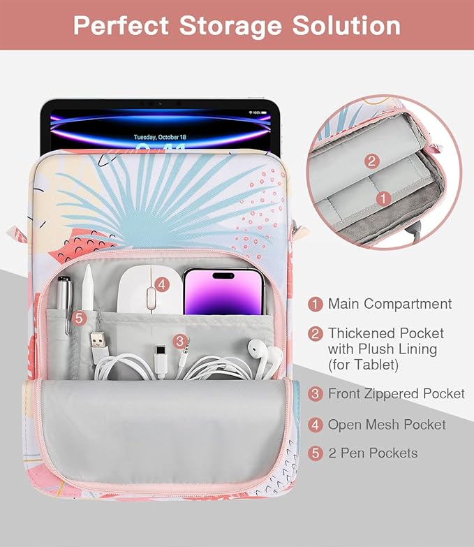 MoKo 9-11 Inch Tablet Sleeve Bag Handle Carrying Case with Shoulder Strap Fits 11inch iPad Air M3, iPad A16 2025, iPadPro M4/Air M2 5/4th 10.9, Tab S8/S9 11, Tropical Leaf
