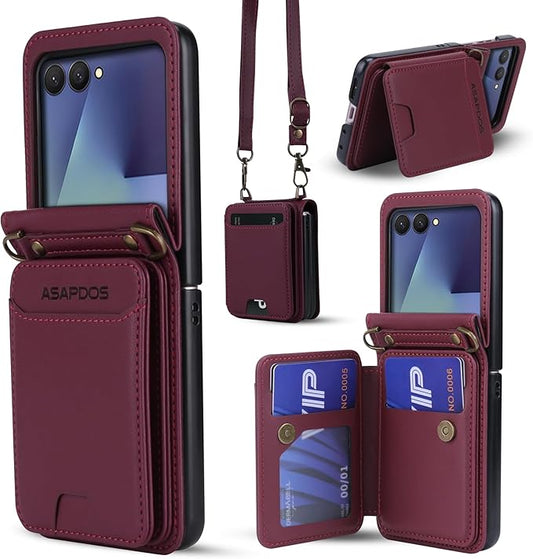 ASAPDOS for Samsung Galaxy Z Flip 7 PU Leather Wallet Phone Case with Card Slots (Holds 5 Cards), Anti-Drop Protection, Wrist & Shoulder Strap Wine Red