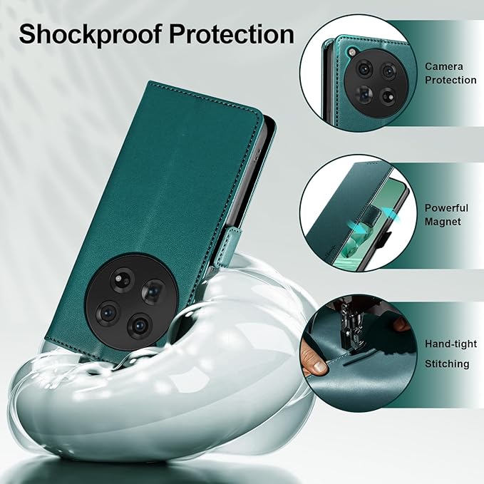 Wallet Flip Case for OnePlus 12 5G - [RFID Blocking] Luxury PU Leather Card Holder Magnetic Phone Cover with Kickstand,Shockproof Protective Case,Green