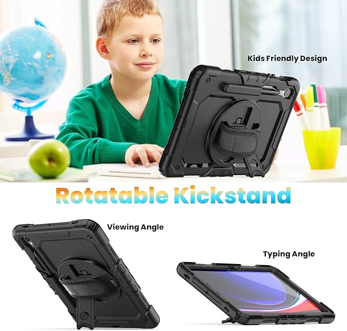 Herize Case Compatible with Samsung Galaxy Tab S10 FE / S9 FE 10.9 Inch Inch with Screen Protector | Cover for S9 11 Inch | Heavy Duty Shockproof Case W/Hand Strap Stand | Black