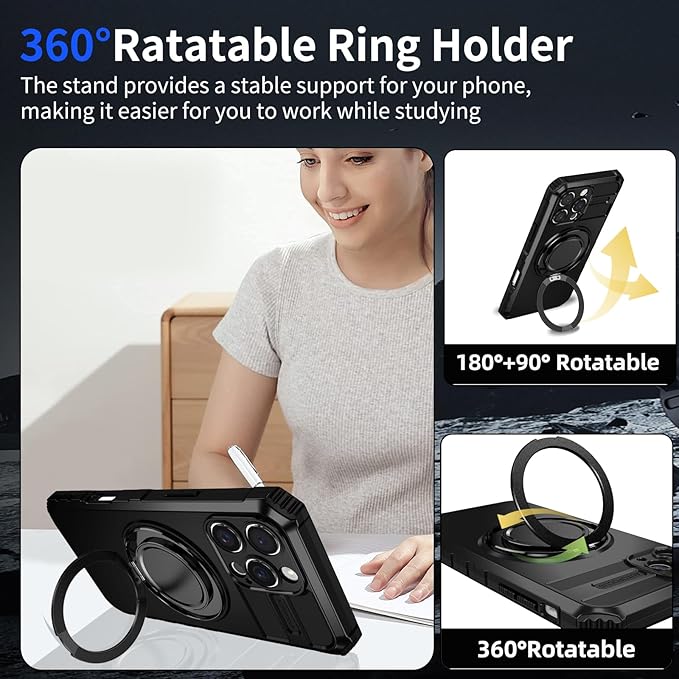 for iPhone 16 Pro Case Magnetic Compatible with Wireless Charging,16 Pro Phone Case with 2 Screen Protector,Built-in Kickstand Ring Military Grade Drop Shockproof Heavy Duty Protection Black