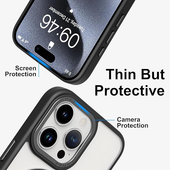 ZIYE Magnetic Case for iPhone 15 Pro Case with Stand [Compatible with MagSafe] Slim Shockproof Military Grade Heavy Duty Cover with 360 Rotatable Ring Kickstand for Women Men, Translucent Black