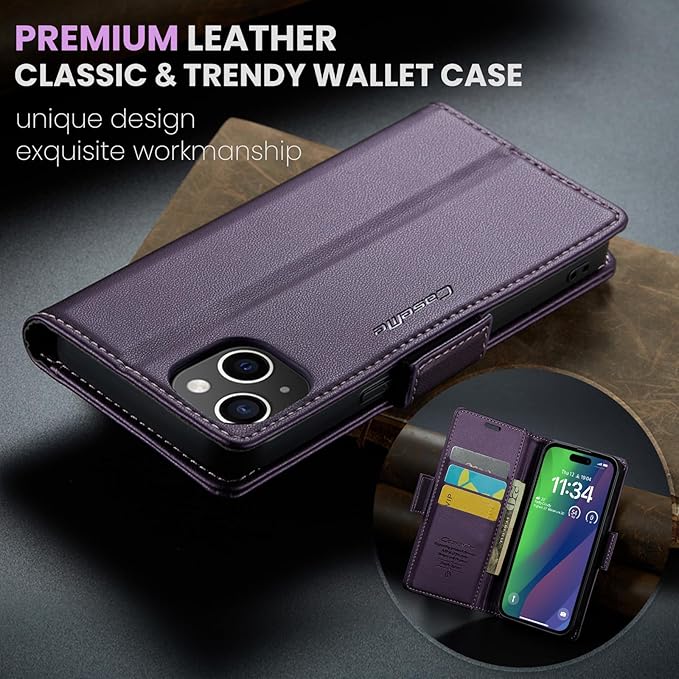 for iPhone 15 Plus Case, Premium PU Leather Wallet Case Flip Cover with [RFID Blocking][Card Holder][Stand Function] Shockproof Protective for iPhone 15 Plus, Purple
