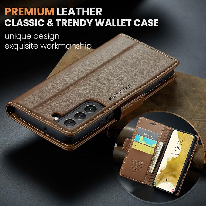 Case for Samsung Galaxy S22 Plus Wallet Case, RFID Blocking PU Leather Flip Folio Cover Card Holder Kickstand Shockproof Phone Case Compatible with Samsung Galaxy S22 Plus, Brown