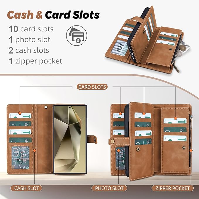 TwoHead for Samsung Galaxy S24 Ultra Wallet Case with Card Holder & Detachable Magnetic Phone Case for Galaxy S24 Ultra,PU Leather Shockproof Protective Phone Cover Wallet(6.8 in,Brown)