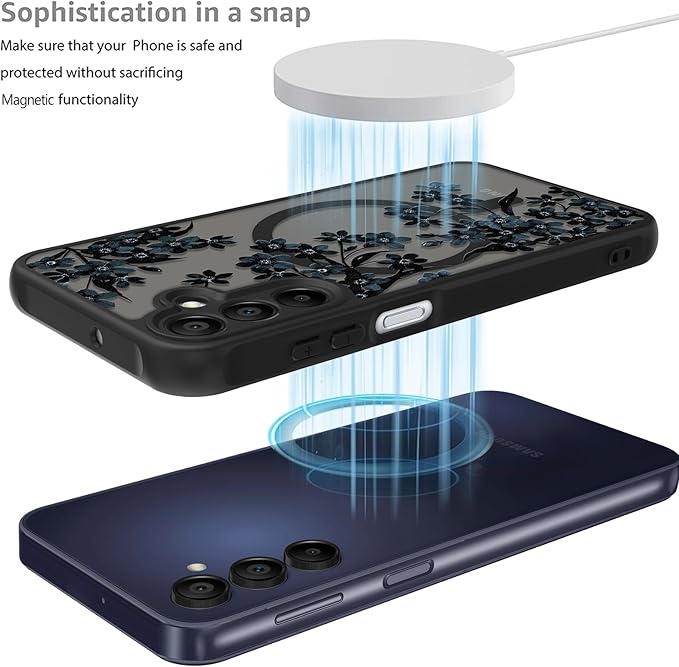 Fiyart Designed for Samsung Galaxy A14 5G Case Matte Flowers Design Compatible with MagSafe Wireless Charging,Cute Floral Anti-Scratch Translucent Phone Cover for Women Girls 6.6"-Black