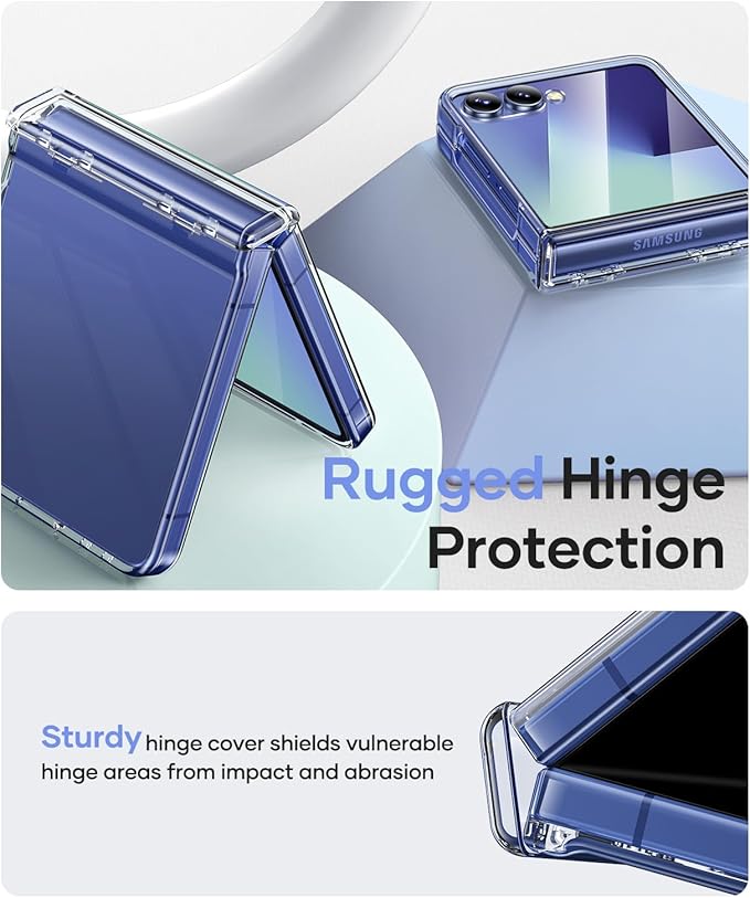 Vihibii for Samsung Galaxy Z Flip 7 Case Clear, [Non-Yellowing] & Hinge Protection & Outer Screen Protector, Compatible with Wireless Charging, Shockproof Slim Case for Samsung Z Flip 7 5G 2025, Clear