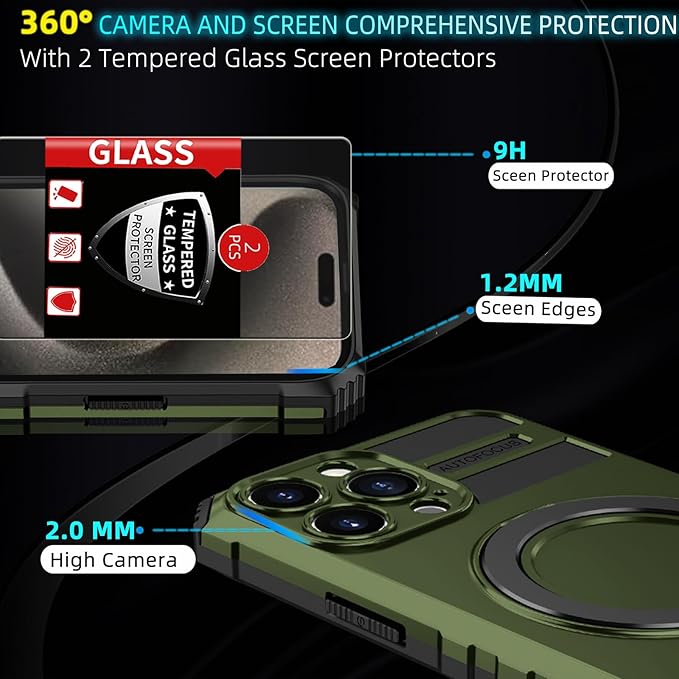 for iPhone 15 Pro Max Case Magnetic Compatible with MagSafe Wireless Charging,with 2 Screen Protectors,with Kickstand Shockproof Shock-Absorbent Heavy Duty Protection Scratch Resistant Green