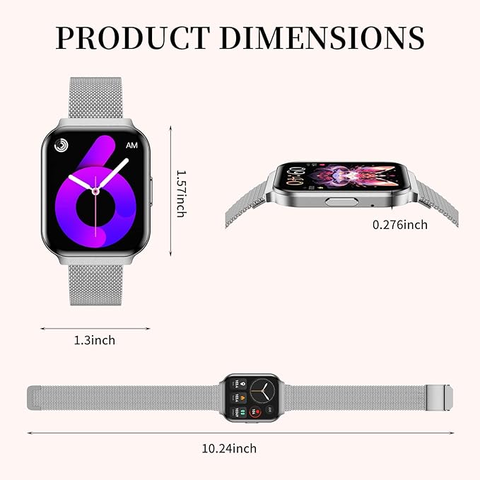 Welfit Women's Smart Watch, 1.75-inch Blood Pressure, Call/Message, Female Cycle Tracking, Heart Rate and Sleep Monitor, IP68 Waterproof for Android and iOS (Silver 2 Straps)