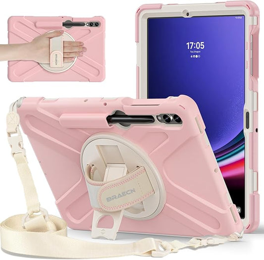 BRAECNstock for Samsung Galaxy Tab S10+ Plus/ S9 FE+ Plus/ S9+ Plus/ S8+ Plus/ S7 FE/ S7+ Plus 5G Case 12.4" Shockproof Protective Kids Cover with Rotating Hand Strap & Stand Pen Holder - Sakura Pink