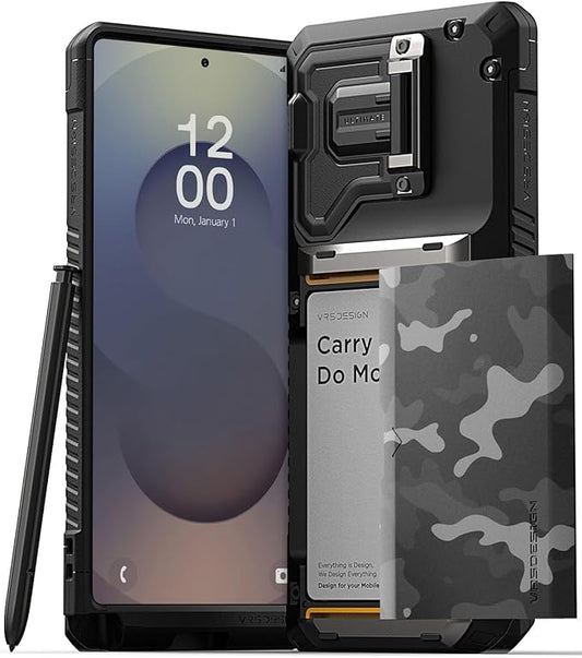 VRS DESIGN Damda Glide DuoGuard for Galaxy S25 Ultra Case (2025), Premium Sturdy Fully Covered Camera Lens Protection Cover Card Holder Wallet Case (Camo Black)