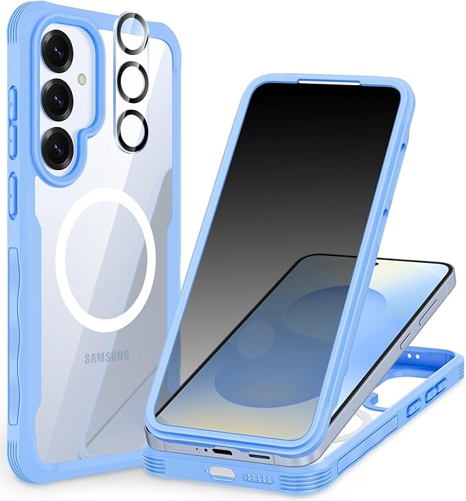 CENHUFO Magnetic Privacy for Samsung Galaxy S25 Plus Case, Full Body Phone Case with Built-in 9H Tempered Glass Privacy Screen Protector and Camera Lens Cover, Shockproof Bumper - Light Blue