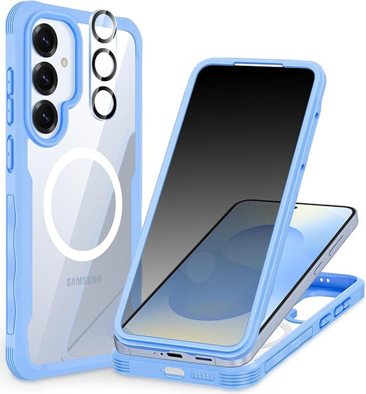 CENHUFO Magnetic Privacy for Samsung Galaxy S25 Plus Case, Full Body Phone Case with Built-in 9H Tempered Glass Privacy Screen Protector and Camera Lens Cover, Shockproof Bumper - Light Blue